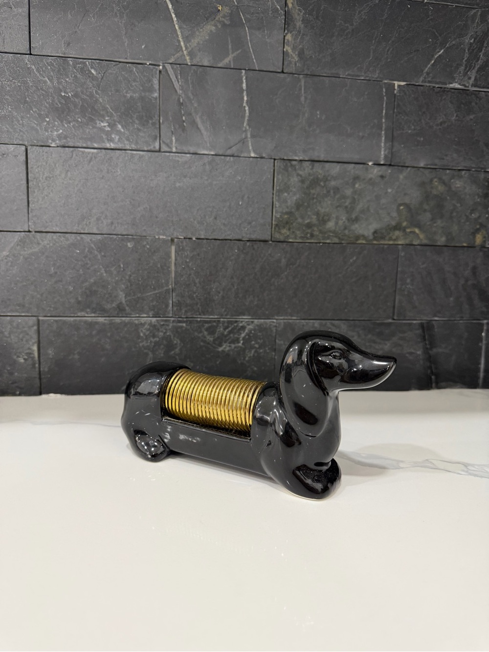 Black Ceramic Dachshund pen and letters holder with Gold Accent
